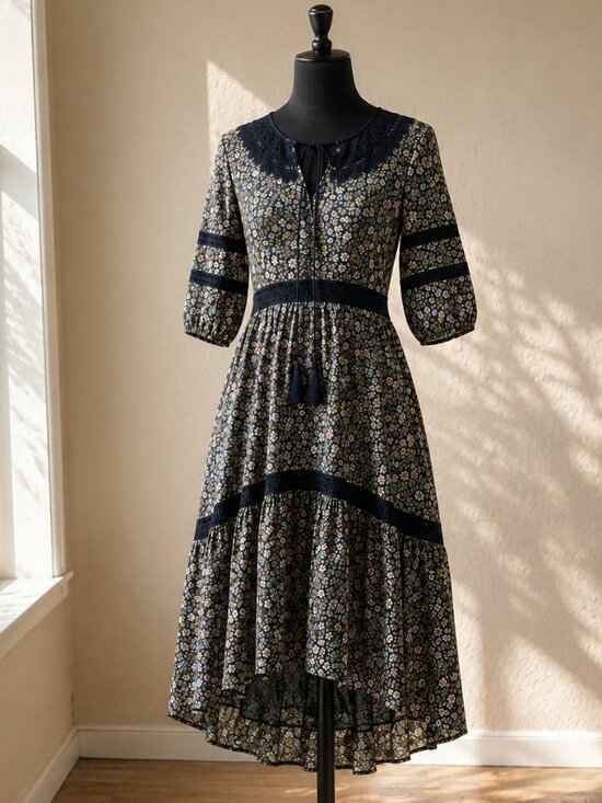 Sundance Dresses & Skirts - Sundance Isadora Blooms Floral Midi Dress S Black Cotton Viscose Tiered Boho